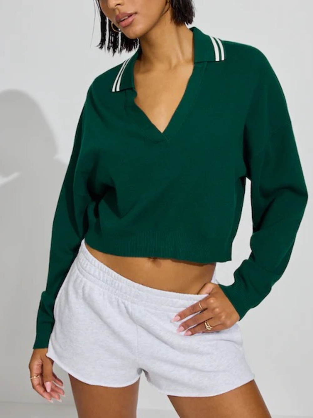 Garage Forest Green Cropped V-Neck Boxy Polo Sweater